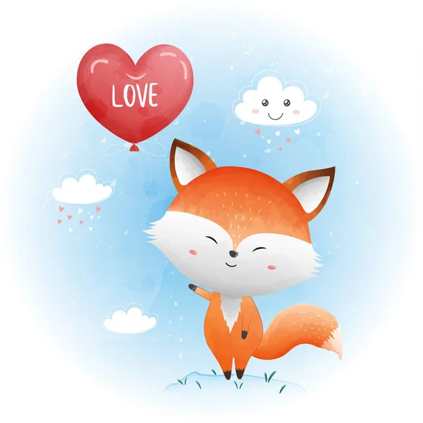 Χαριτωμένο μωρό αλεπού με κόκκινο μπαλόνι καρδιά. — Διανυσματικό Αρχείο
