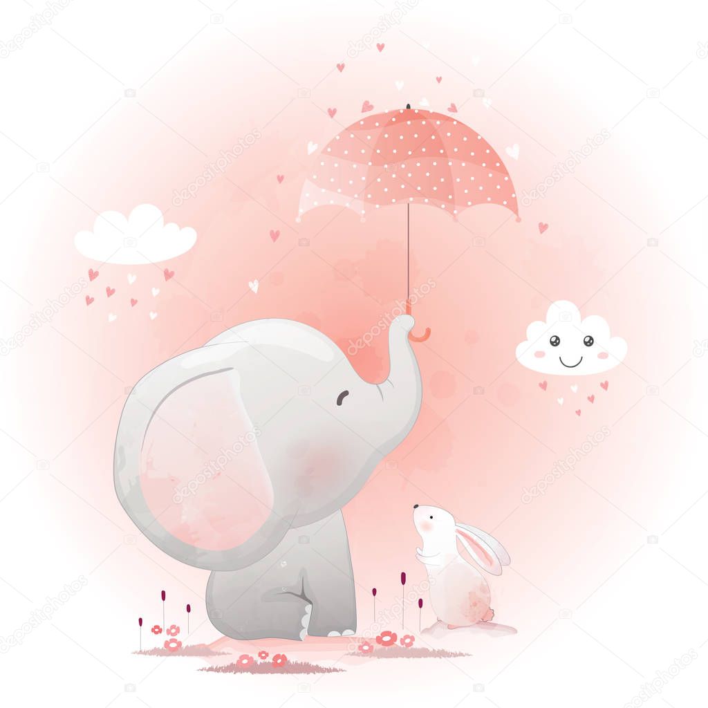 Cute elephant and bunny with umbrella cartoon hand drawn vector 