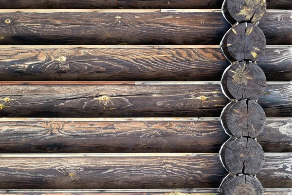 Wall of log house background. Dark brown burnt wooden texture. Copy space. Place for custom text. Horizontal lines with corner logs intersection. Old weathered building material.