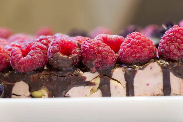 Close up chocolate vegan cake with raspberries on white plate with blur in backdrop. Sweet harmless tasty dessert background