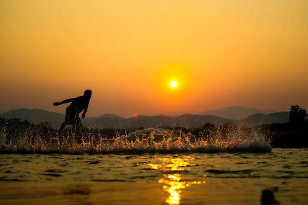 Захід Сонця Світлі Тіньові Рибалки — стокове фото