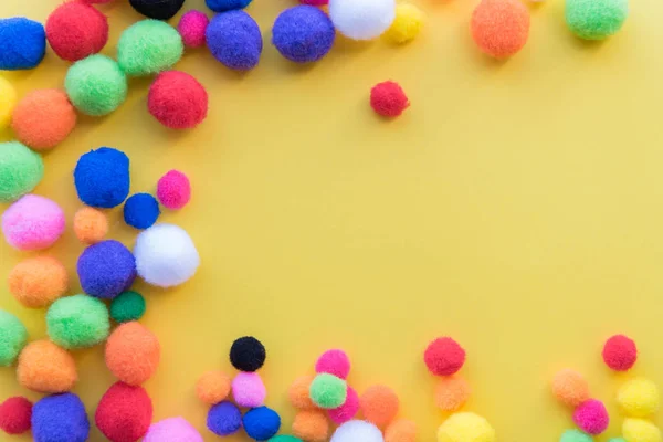 Flat Lay Arrangement Multi Colored Craft Pom Poms Solid Yellow — Stock Photo, Image