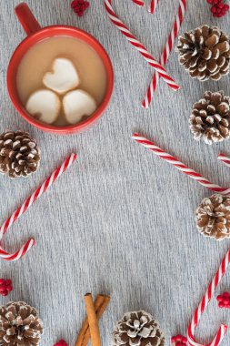 Sıcak kakao marshmallows, şekerler ve pinecones Noel düz yatıyordu