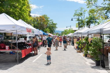 Penticton, British Columbia/Kanada - 15 Haziran 2019: Satıcılar ve müşteriler, haftalık popüler bir etkinlik olan Penticton Farmer's Market için Ana Cadde'yi arıyor.