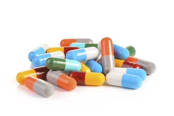 Pil Fles Pillen Oppervlak Geïsoleerd Een Witte Achtergrond Morsen — Stockfoto