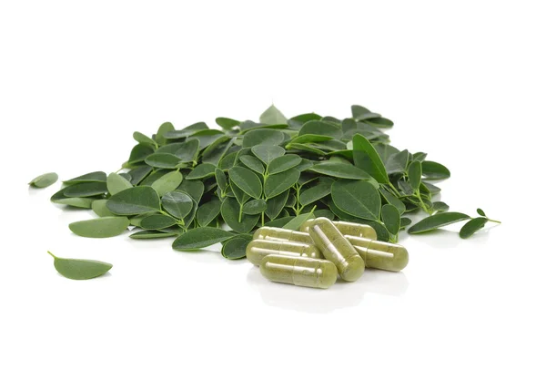 Moringa Oleifera capsule met groene verse bladeren op witte backgr — Stockfoto