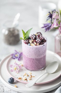 Bir kahvaltı kupa fındık, chia tohumu ve meyve ile ev yapımı granola. Işık fotoğrafı