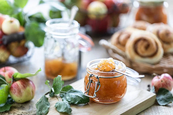 Homemade Sweet Apple Jam - Organic Healthy Vegetarian Food. Apple jam Apple marmalade. Buns with jam and cinnamon.