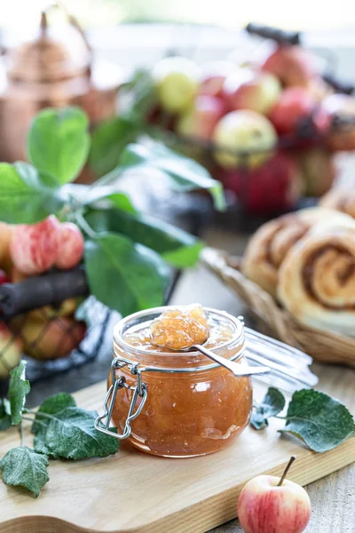 Homemade Sweet Apple Jam - Organic Healthy Vegetarian Food. Apple jam Apple marmalade. Buns with jam and cinnamon.