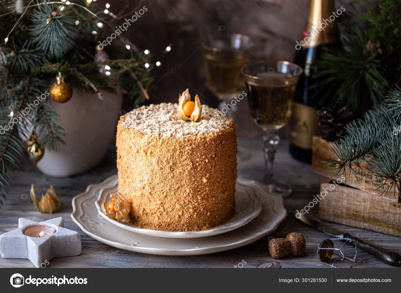 Homemade Honey Cake Winter Composition New Year Photo