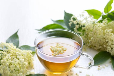 Beyaz arka planda, mürver çiçeklerinden çay ve şurup Sambucus nigra.