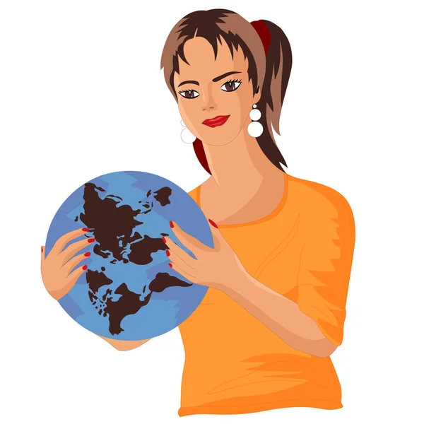 Girl Holds Earth His Hands — Stock Vector