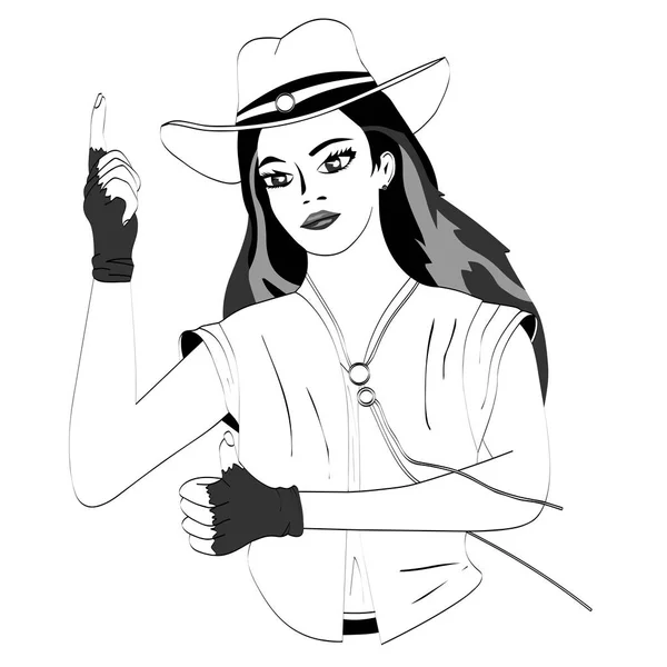 Líneas Vectoriales Chica Sombrero Vaquero Apuntando Hacia Arriba — Vector de stock