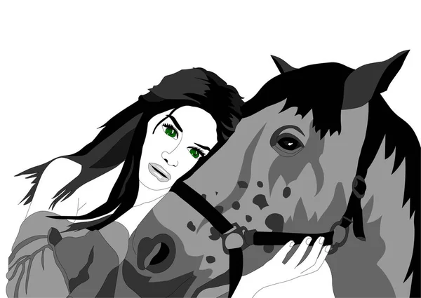 Beautiful Girl Hugging Horse — Stock Vector