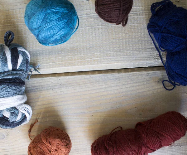 Top View Hand Made Knitting Yarn Balls Table — 图库照片