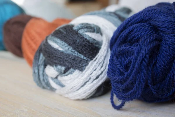 Hand Made Knitting Yarn Balls Table Close — 图库照片