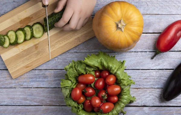 Cortar Verduras Para Comida Vegana Almuerzo Vista Superior — Foto de Stock