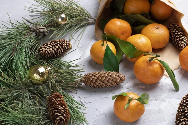 Tangerinas Fesh Ramo Christmastree Com Decorações — Fotografia de Stock