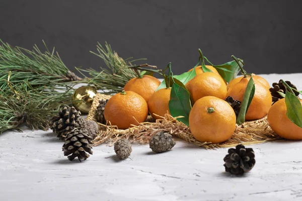 Tangerinas Fesh Ramo Christmastree Com Decorações — Fotografia de Stock