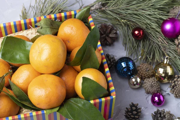 Mandarinas Rama Árbol Navidad Con Juguetes — Foto de Stock