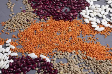 Fasulye ve tohumların arka planı. Üst görünüm ve kopyalama alanı