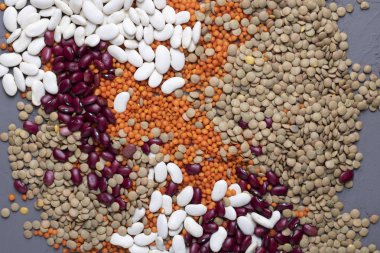 Fasulye ve tohumların arka planı. Üst görünüm ve kopyalama alanı