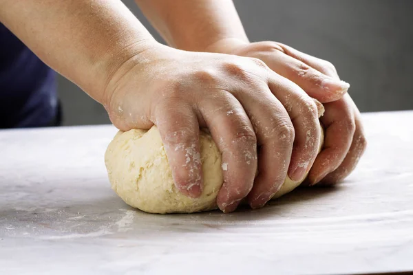 Close Baker Hands Kneading Dough — Stockfoto