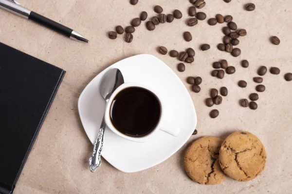 Tasse Biscuits Café Avoine Cahier Stylo Sur Table — Photo