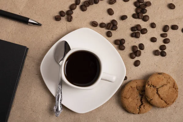 Tasse Biscuits Café Avoine Cahier Stylo Sur Table — Photo