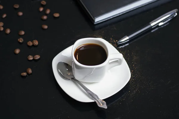 Tasse Fraîche Table Basse Avec Biscuits Avoine Stylo Carnet — Photo