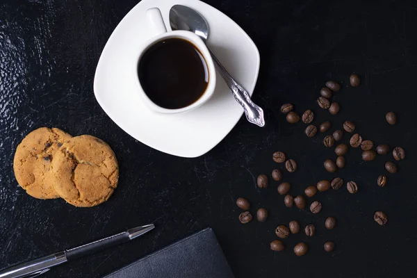 Tasse Fraîche Table Basse Avec Biscuits Avoine Stylo Haricots — Photo