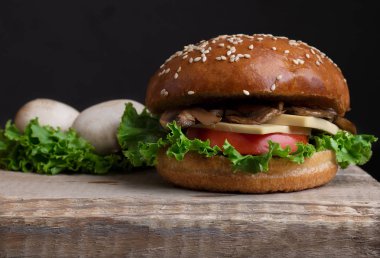 topun ve susam ile büyük burger, ham maddeler, closeup