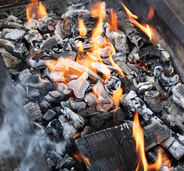 Lagerfeuer im Grill, Brennholz brennt, Feuerflamme — Stockfoto