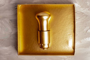 Yaratıcı tasarım fikri, altın kutuda altın ampul. Başarı konsepti