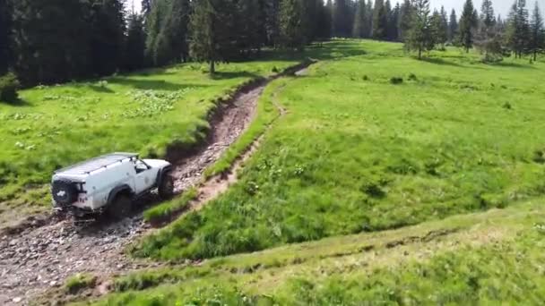 Dağlık Bir Arazide Toprak Bir Yolda Beyaz Bir Suv Sürüyor — Stok video