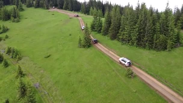 Kilka Suv Jedzie Górską Drogą Wzdłuż Polnej Drogi Widok Lotu — Wideo stockowe