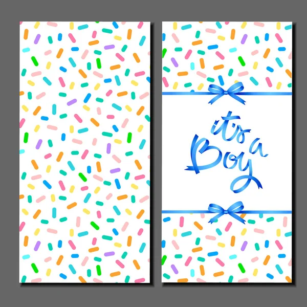 Het is een jongen. Kaart cover sjabloon. Blauwe hand belettering op abstracte patroon met confetti hagelslag — Stockvector