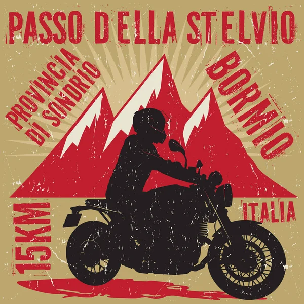 Biker Ridning Motorcykel Affisch Med Vägnamn Passo Della Stelvio Italia — Stock vektor