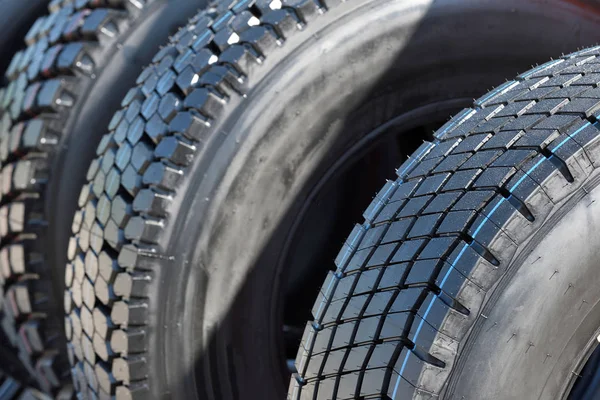 Big Truck Wheel Black Tires Closeup — Stock Photo, Image