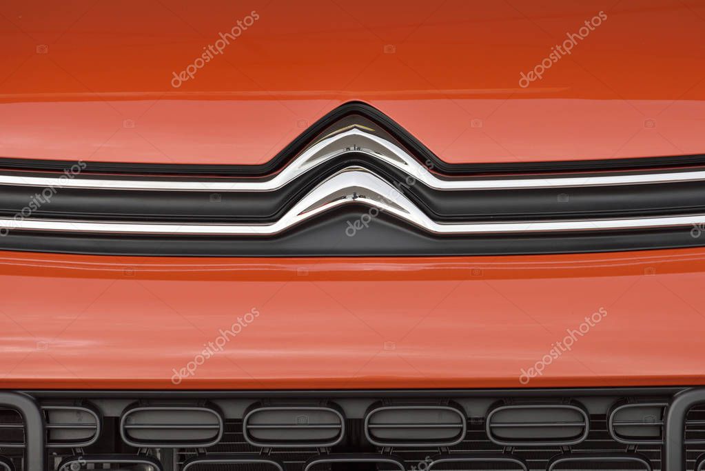 Vilnius, Lithuania - May 18: Citroen logotype on a car on May 18, 2018 in Vilnius Lithuania. Citroen is a major French automobile manufacturer.