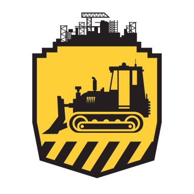 Traktör simgesini veya sarı zemin üzerine işaret. Traktör greyder buldozer siluet vektör çizim