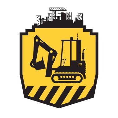 Traktör simgesini veya sarı zemin üzerine işaret. Traktör greyder buldozer siluet vektör çizim