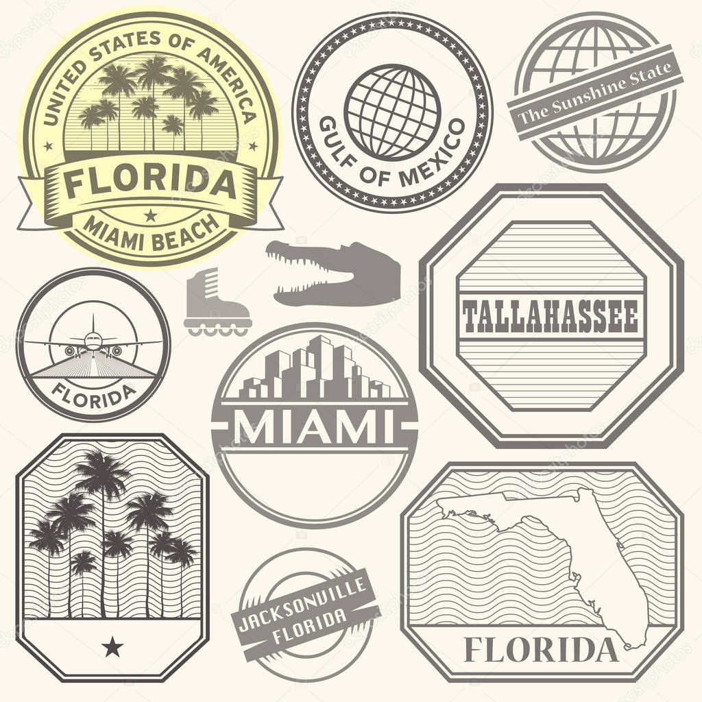 Retro postage USA airport stamps set, Florida state theme, vector illustration
