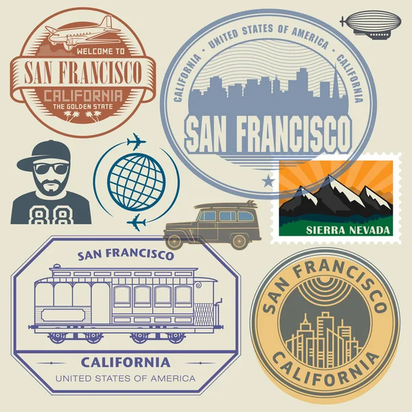 Jahrgangsstempelset Mit Namen Von Kalifornien San Francisco Vektorabbildung — Stockvektor