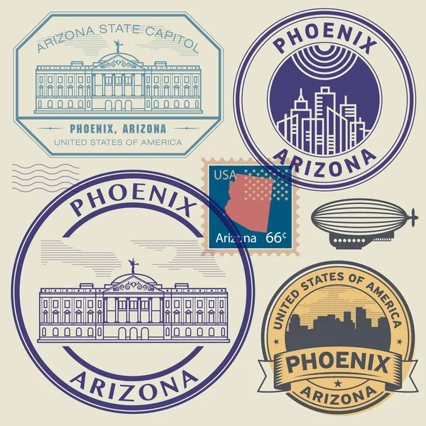 Vintage Stamps Set Name Usa State Arizona City Phoenix Vector — Stock Vector