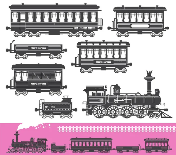 Conjunto Tren Retro Vintage Con Vagones Tráfico Locomotoras Aislados Ilustración — Archivo Imágenes Vectoriales