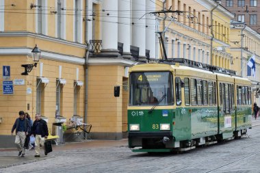 Helsinki, Finlandiya - 30 Ağustos: tramvay, Helsinki, Finlandiya, 30 Ağustos 2018 sokak. Tramvay Helsinki toplu taşıma yaygın bir türüdür