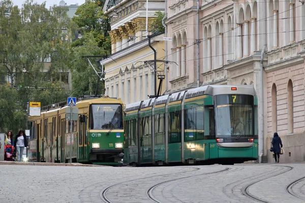 Helsinki, Finlandiya - 30 Ağustos: tramvay, Helsinki, Finlandiya, 30 Ağustos 2018 sokak. Tramvay Helsinki toplu taşıma yaygın bir türüdür