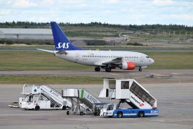 Helsinki, Finlandiya - 22 Ağustos: 22 Ağustos 2018 Helsinki-Vantaa Airport, Sas havayolları uçak. Helsinki Havaalanı Ana Uluslararası Havaalanı Finlandiya'dır