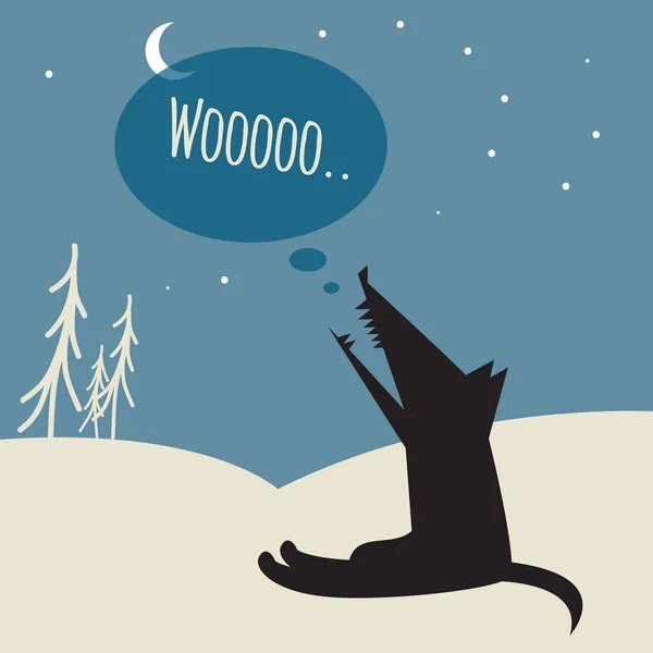 Howling Black Wolf Winter Night Vector Illustration — Stock Vector